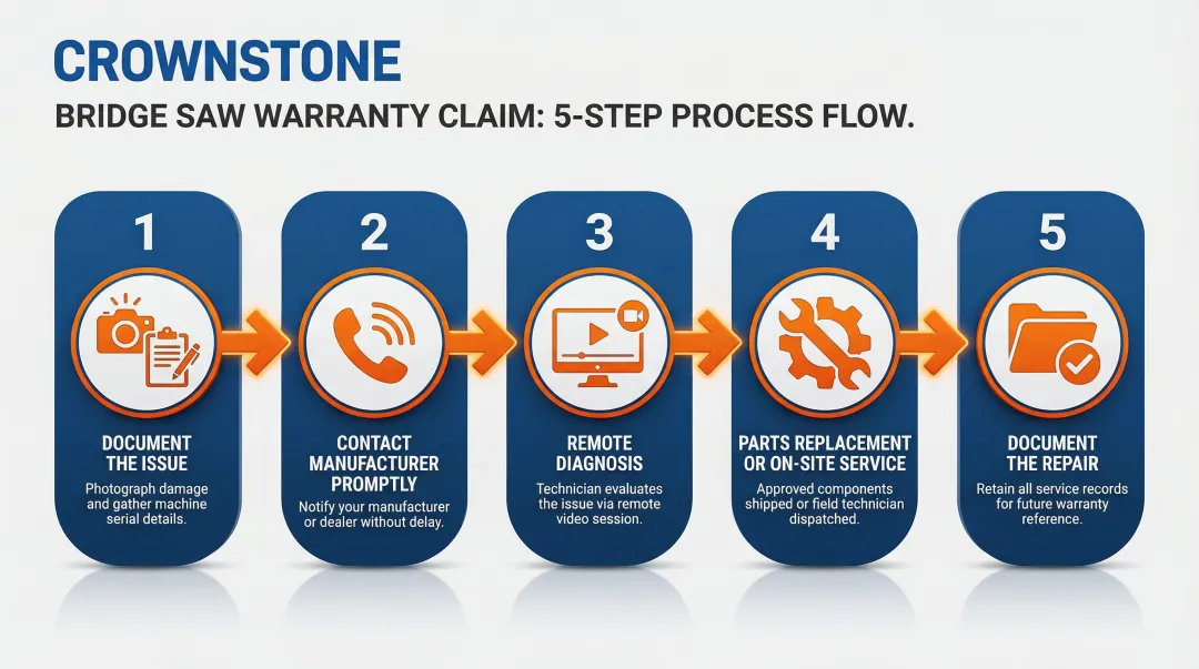 Five-step bridge saw warranty claim filing process infographic