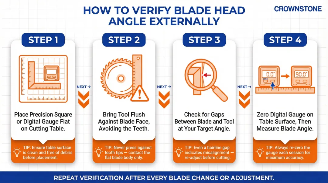 4-step blade angle verification process using digital gauge on bridge saw