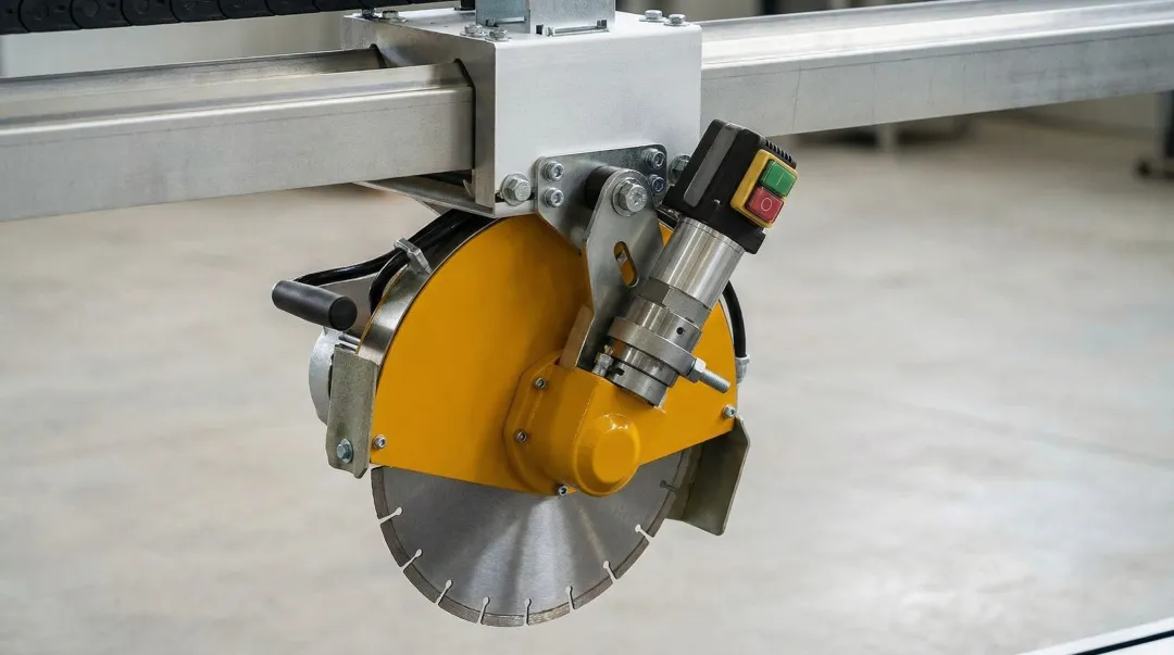 Bridge saw cutting head pivot mechanism showing rotation lock hardware and assembly