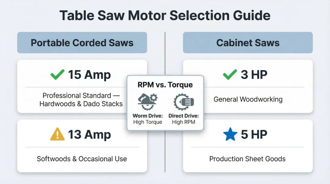 Table saw motor power guide comparing portable amp ratings versus cabinet saw horsepower