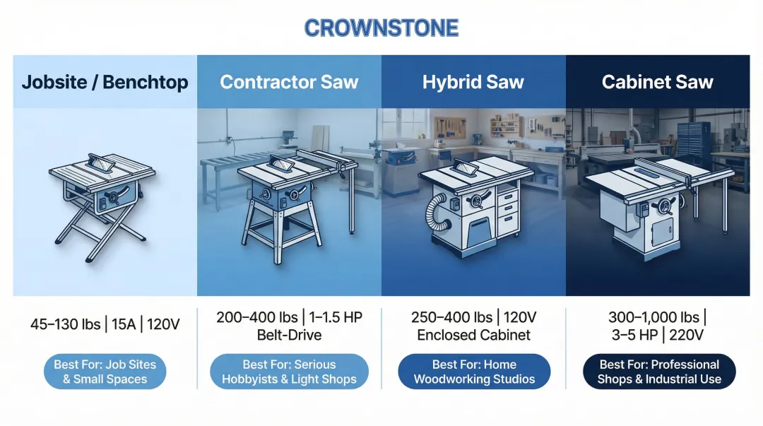 Four table saw categories comparison chart jobsite contractor hybrid cabinet specs