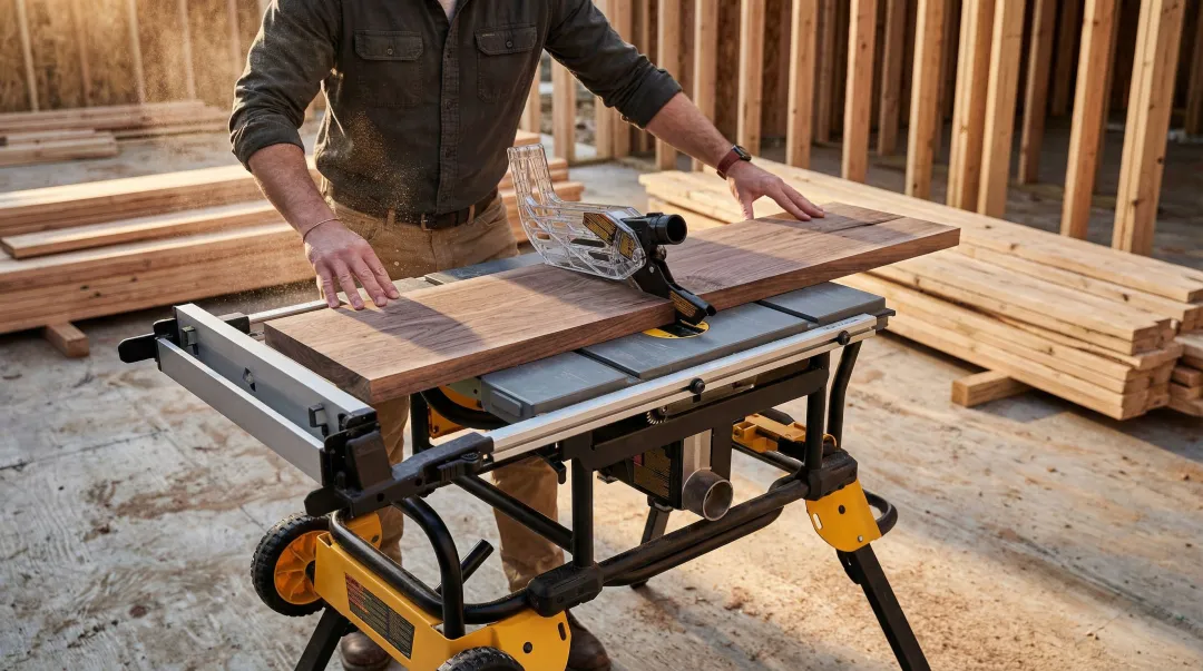 Portable worm drive jobsite table saw cutting hardwood lumber on construction site
