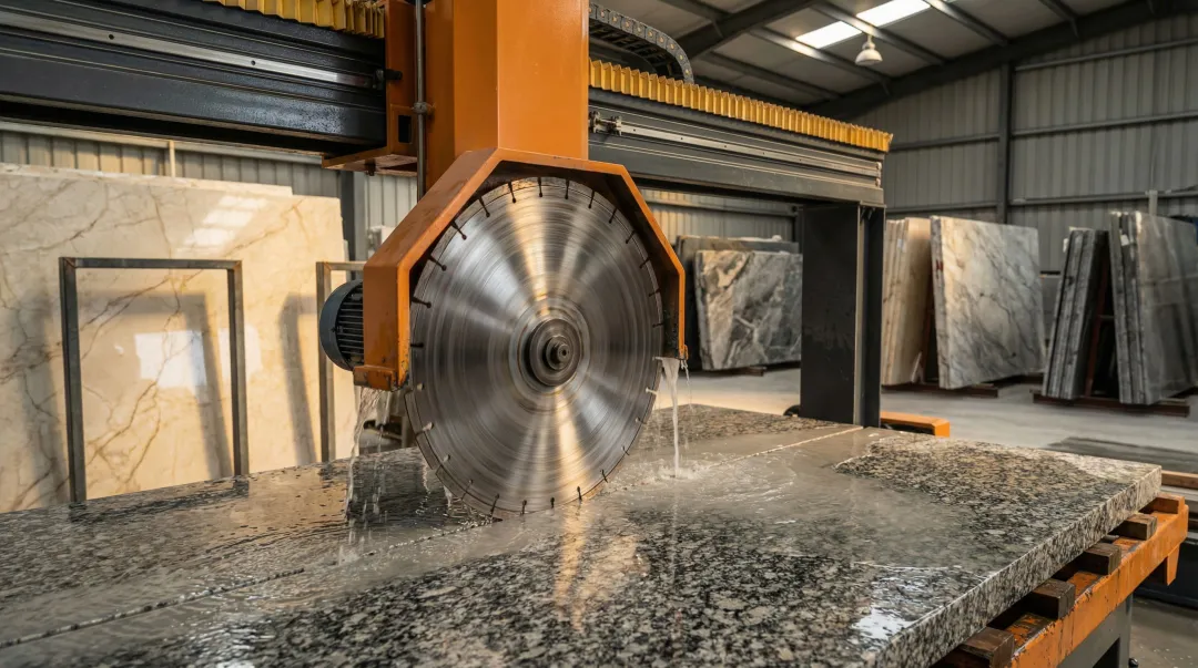 Professional bridge saw cutting granite slab with diamond blade and water cooling