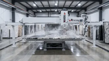Stone fabrication shop with bridge saw CNC machine and waterjet cutter equipment