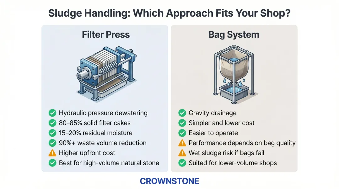 Filter press versus bag system sludge handling side-by-side comparison for stone fabricators