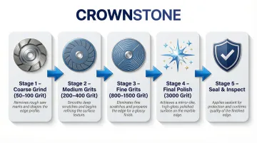 5-step marble edge polishing process from coarse grit to final seal