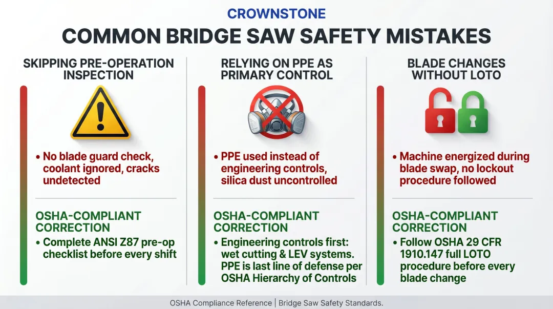Three most common bridge saw safety violations and OSHA compliance corrections