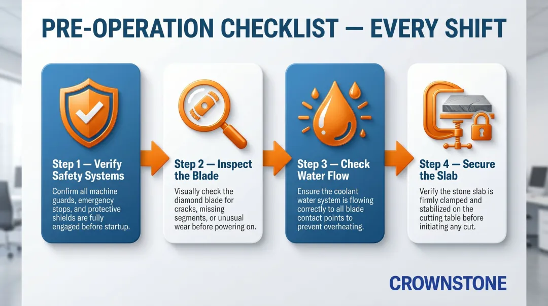 4-step bridge saw pre-operation safety checklist process flow infographic