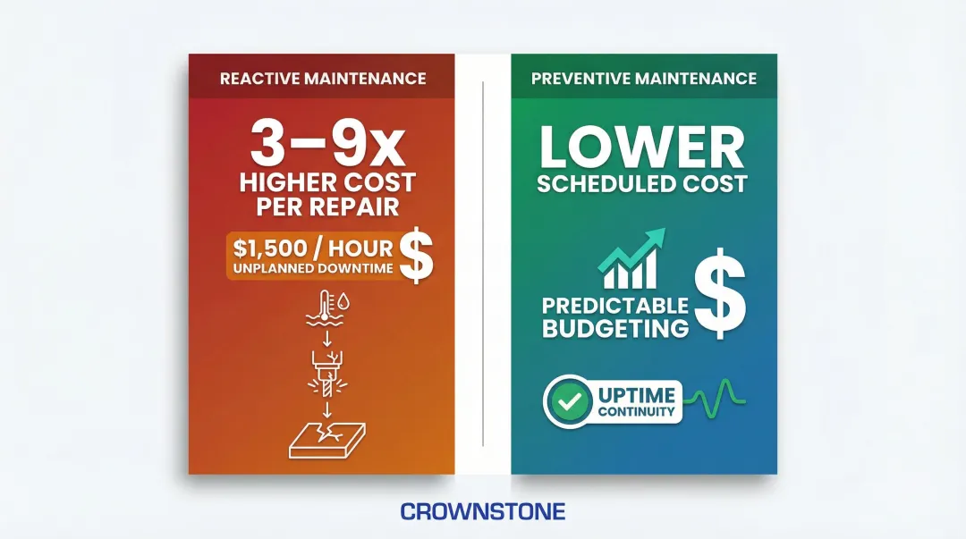 Reactive versus preventive maintenance cost comparison infographic for fabrication shops