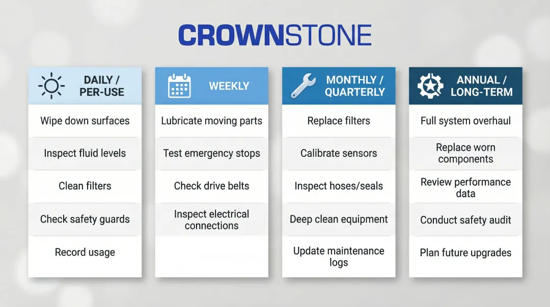 Stone fabrication equipment maintenance schedule by daily weekly monthly and annual frequency