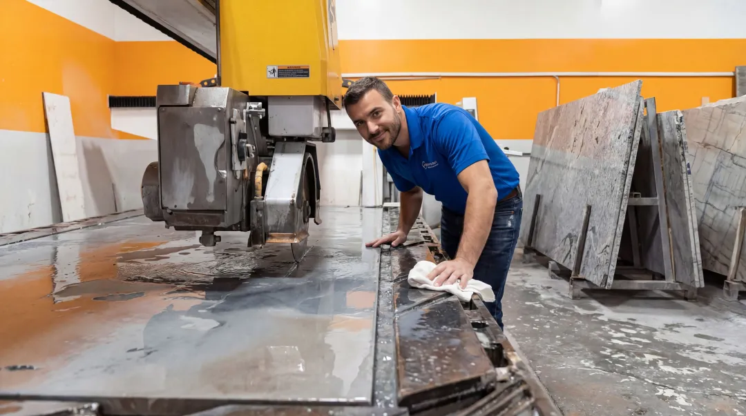 Stone fabrication bridge saw operator performing daily visual inspection and cleaning