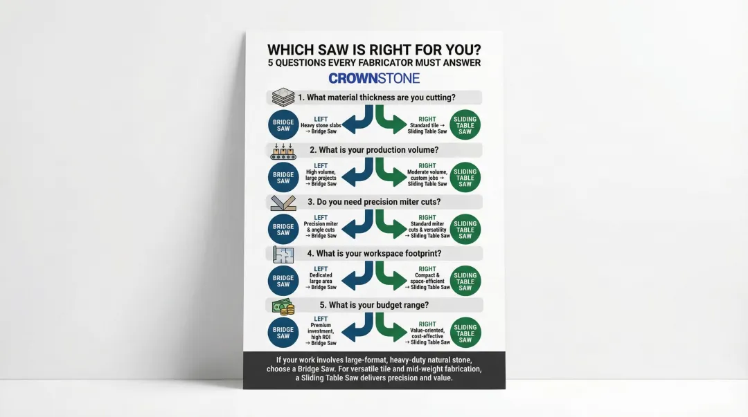 Stone shop saw selection decision checklist comparing five key buying factors