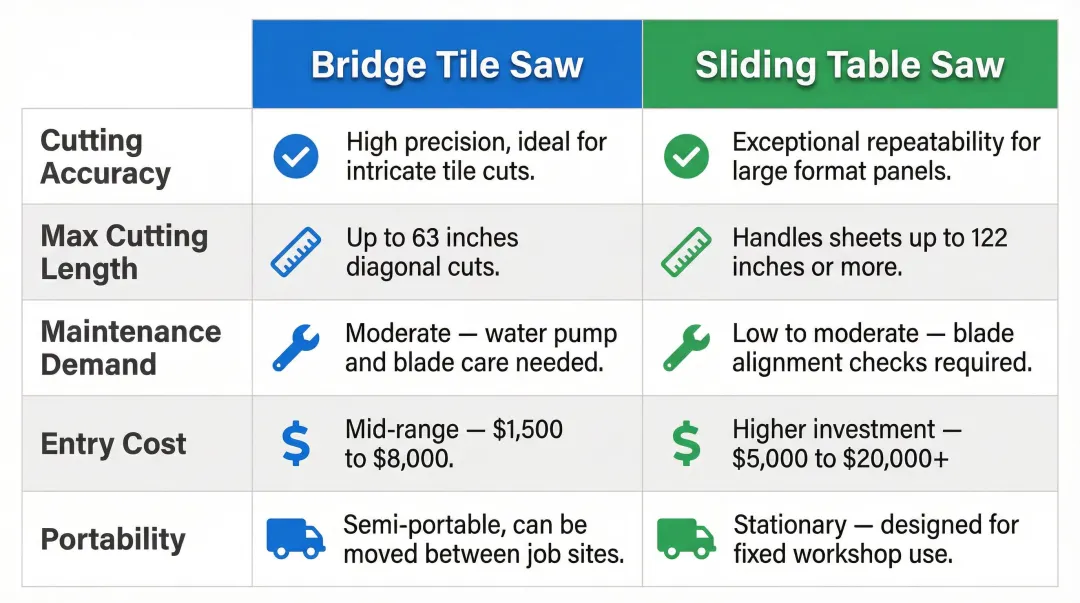 Bridge tile saw versus sliding table saw five-category comparison infographic