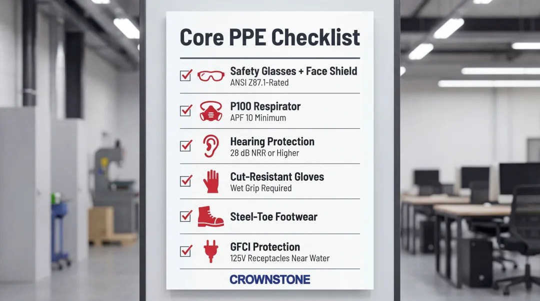 Stone fabrication PPE requirements checklist infographic with safety equipment icons