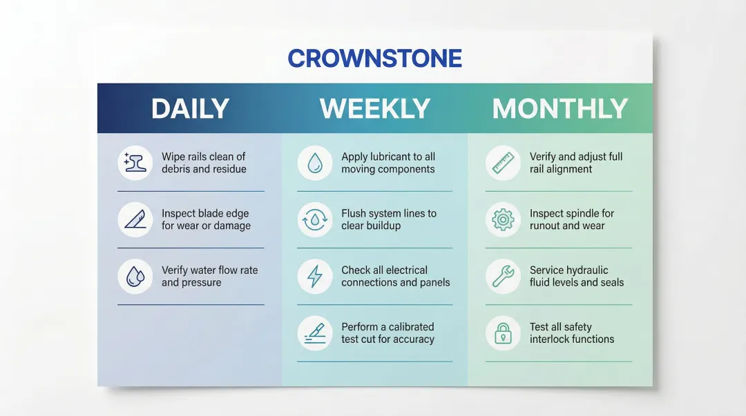 Bridge saw preventive maintenance schedule organized by daily weekly and monthly tasks