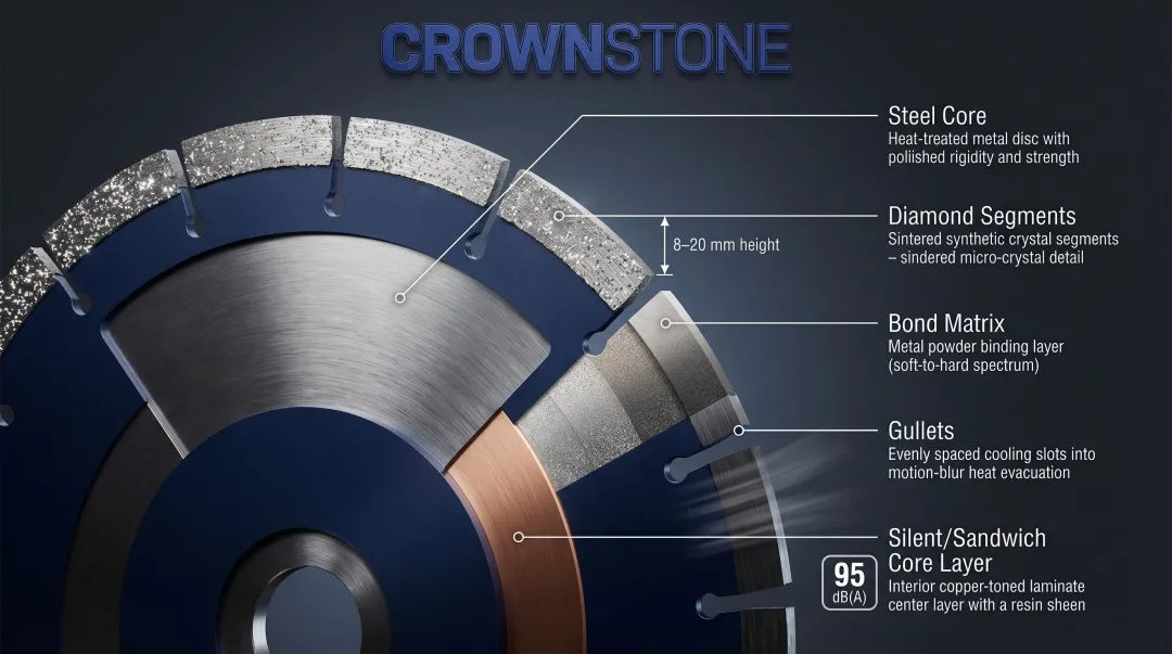 Five components of a diamond blade anatomy labeled cross-section diagram