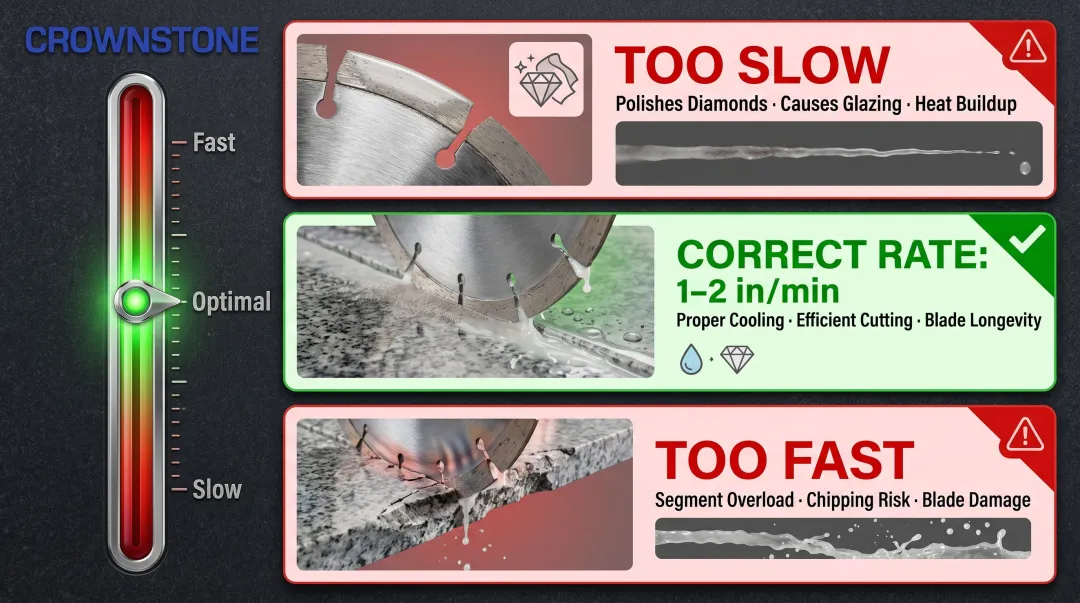 Diamond blade feed rate and slurry indicator guide for granite bridge saw cutting