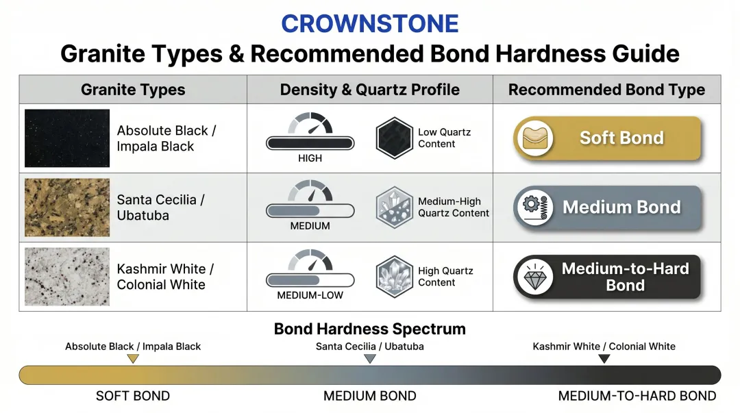 Granite type to diamond blade bond hardness matching chart for fabricators