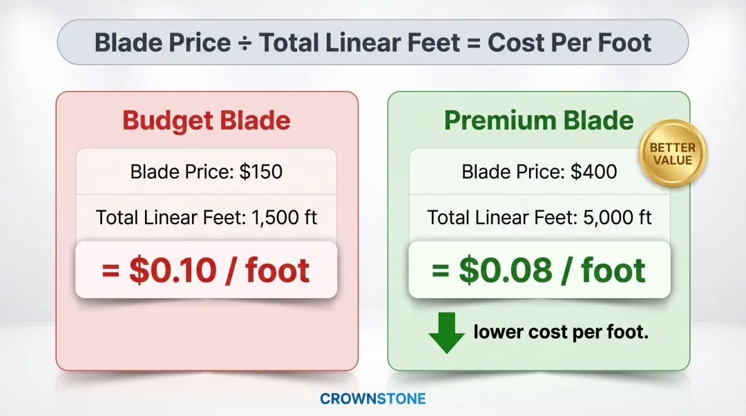 Budget versus premium diamond blade cost per linear foot comparison infographic