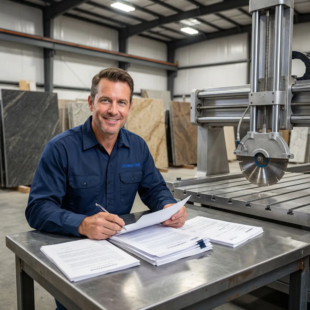Stone fabrication shop owner reviewing equipment financing documents beside a bridge saw
