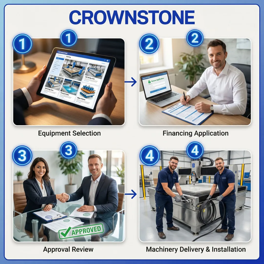 Stone fabrication equipment financing process steps illustration with machinery and documents