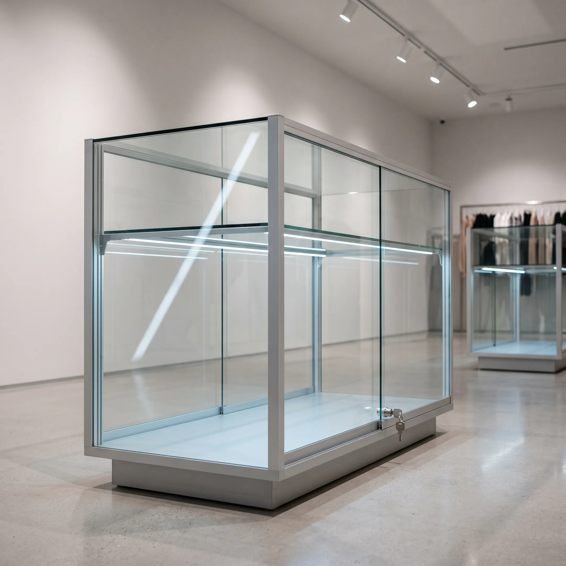 Modern architectural glass display cabinet in an upscale retail store