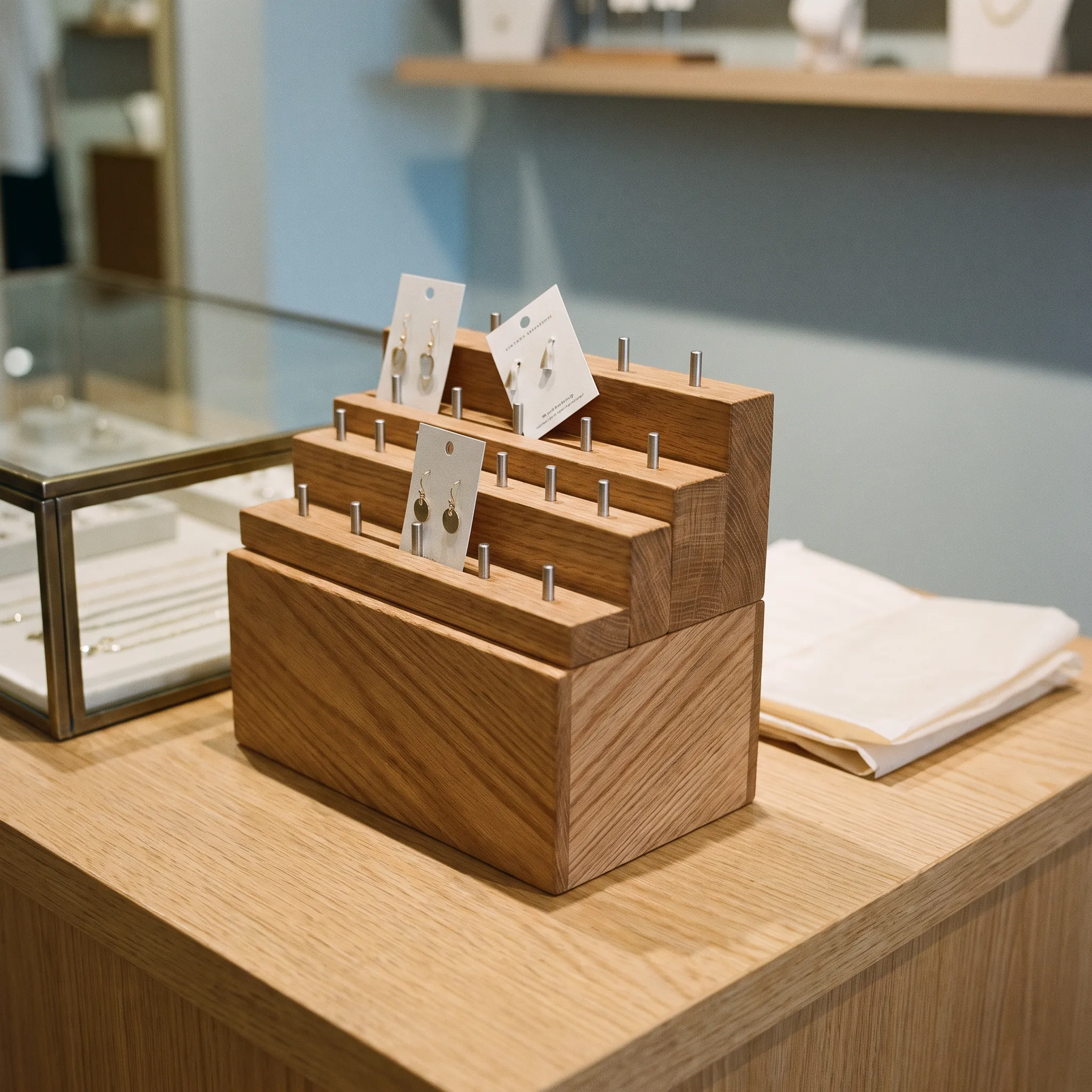 Crafted wooden earring display fixture with minimalist slots and branding