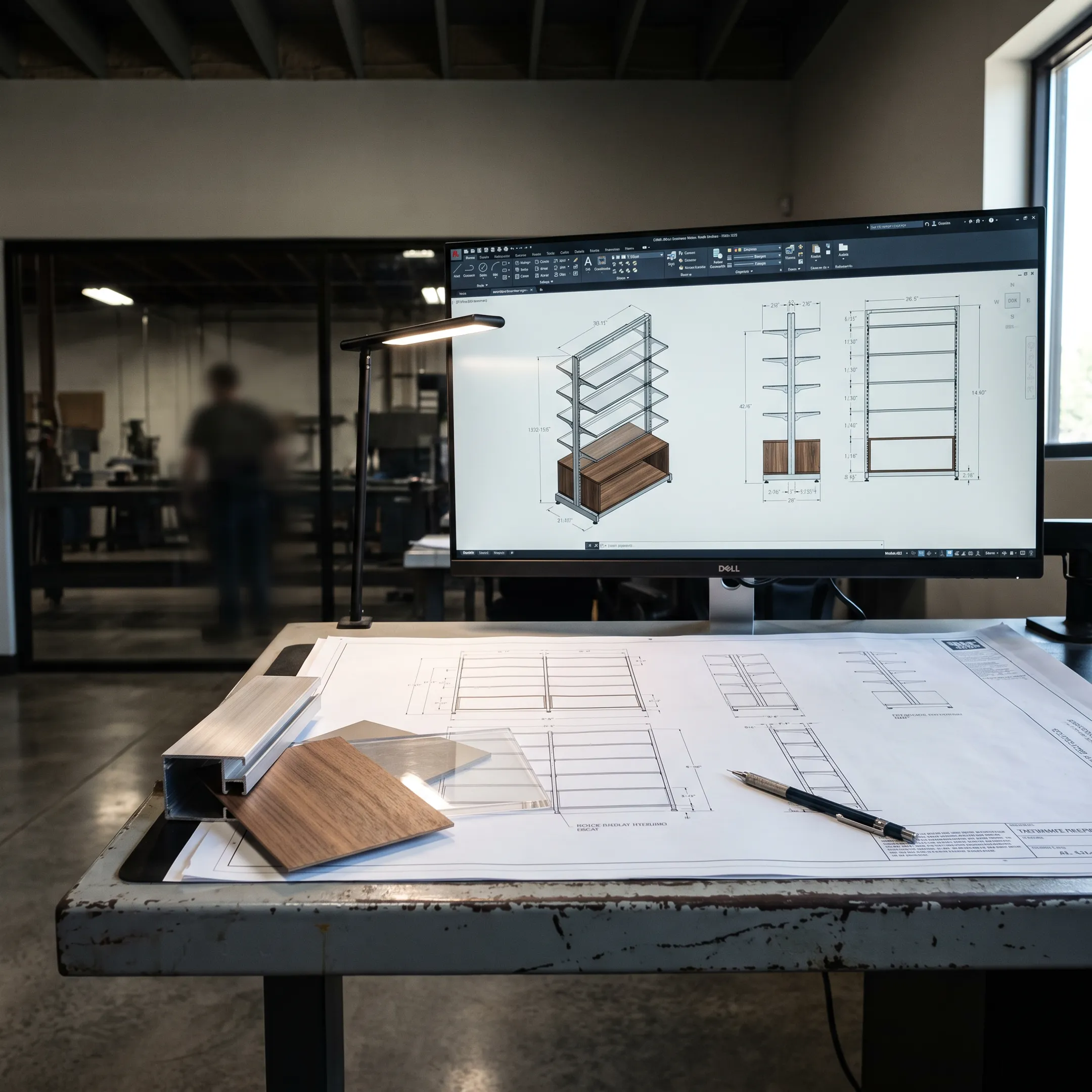 Technical CAD drawing and engineering layout for custom retail display stands