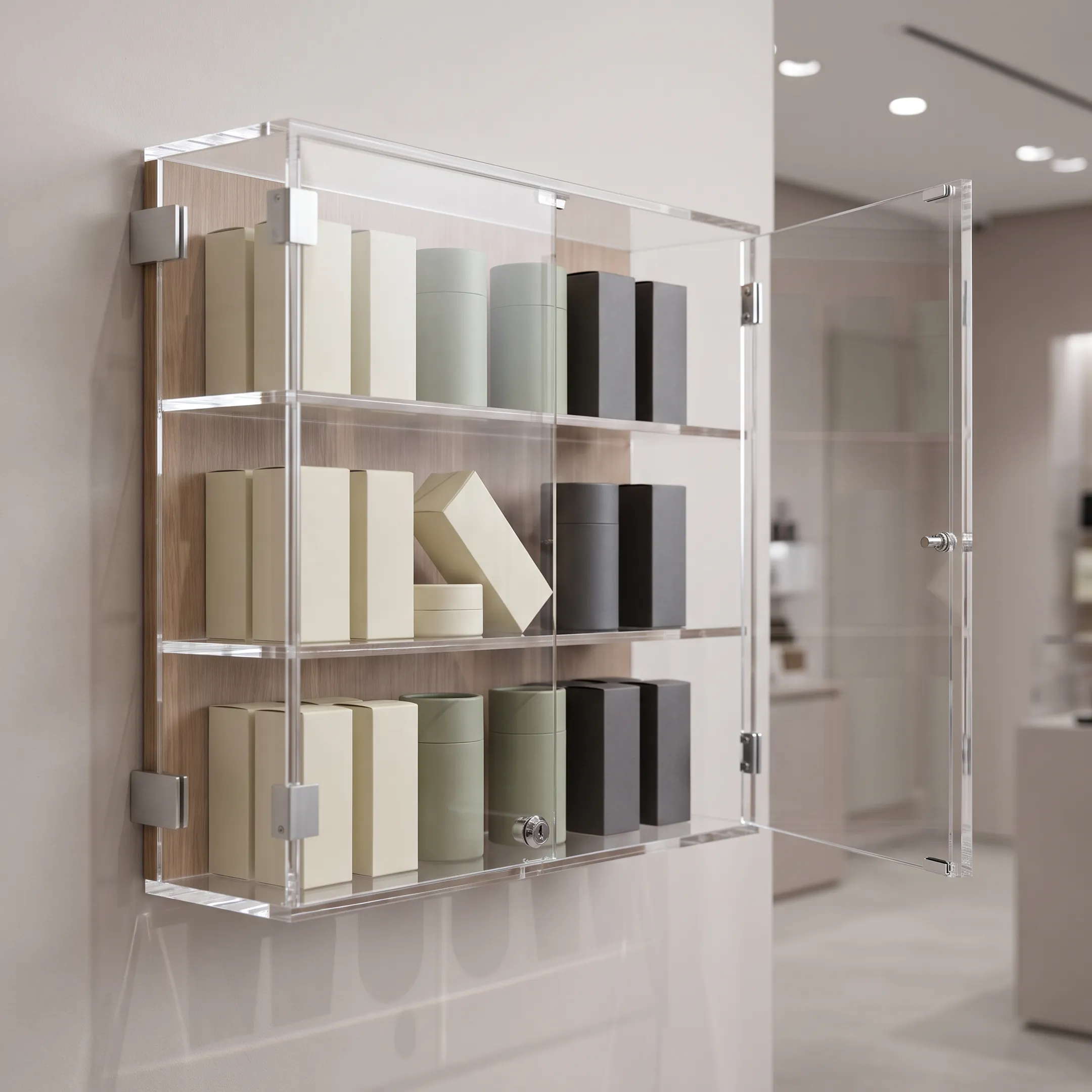Modern acrylic display case with clear doors mounted in a commercial showroom