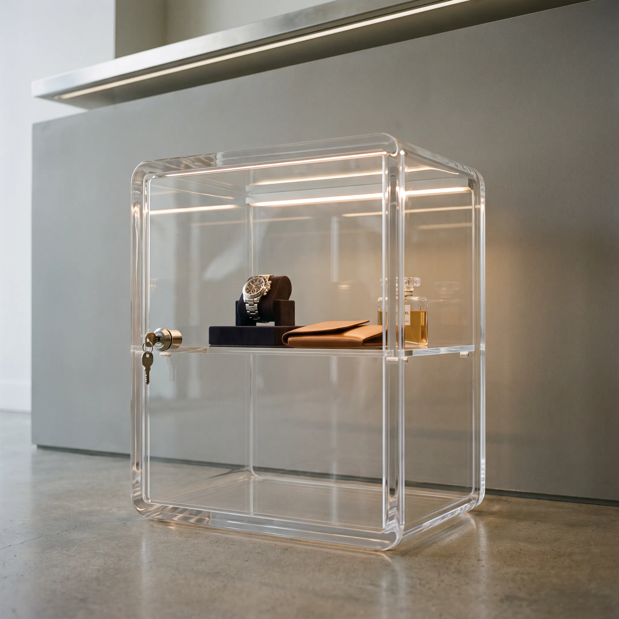Custom acrylic display cases and vitrines showcasing high-end retail merchandise in a modern store setting.