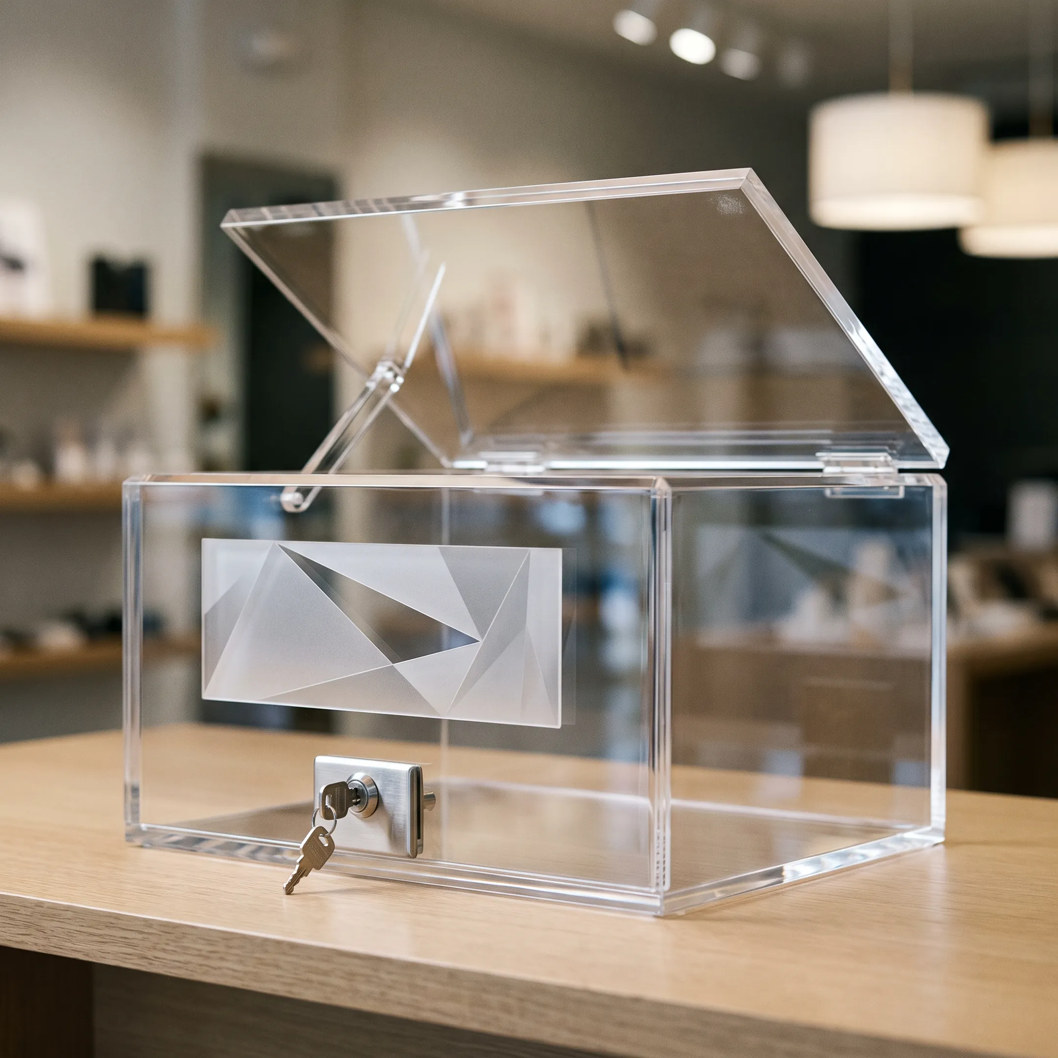 Polished acrylic countertop display box with seamless edge construction and lockable access.