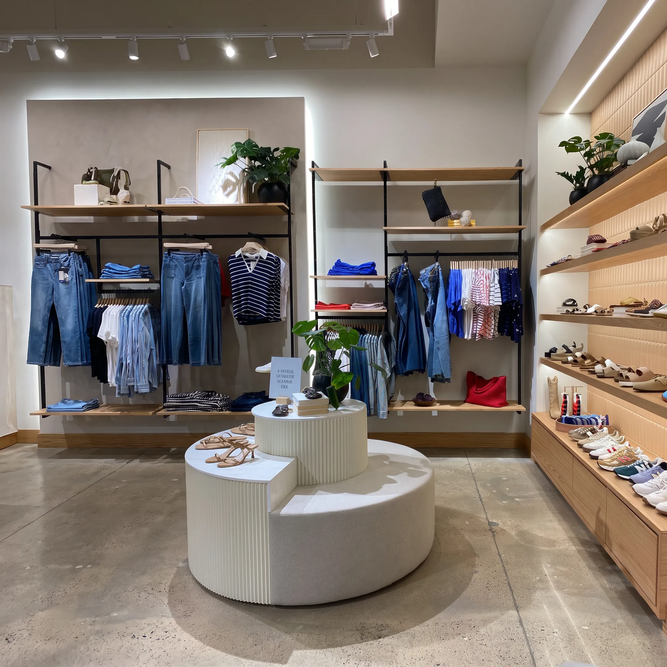 Custom retail display fixtures and modular shelving in a modern retail store