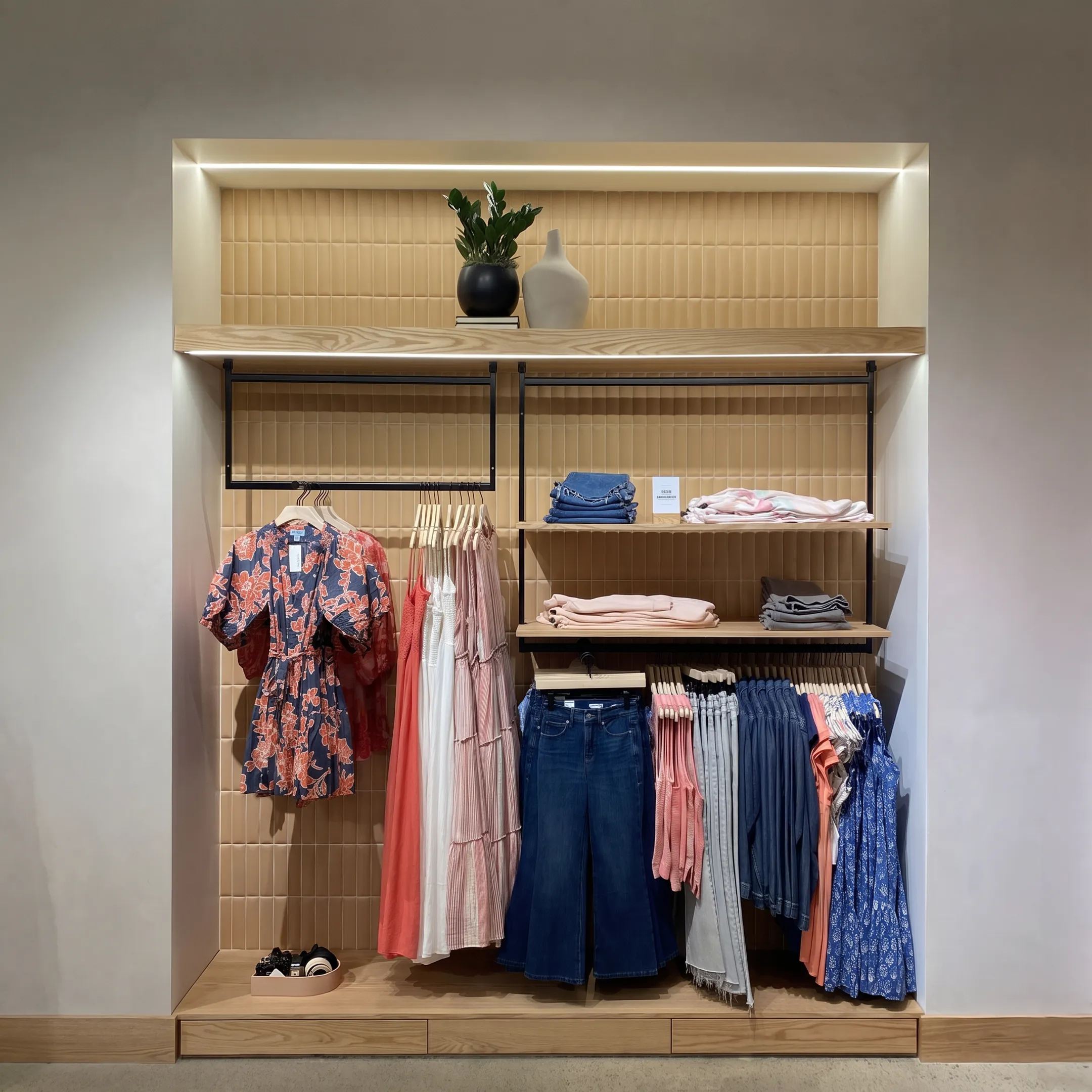 Architectural millwork and custom metal retail display fixture with integrated shelving