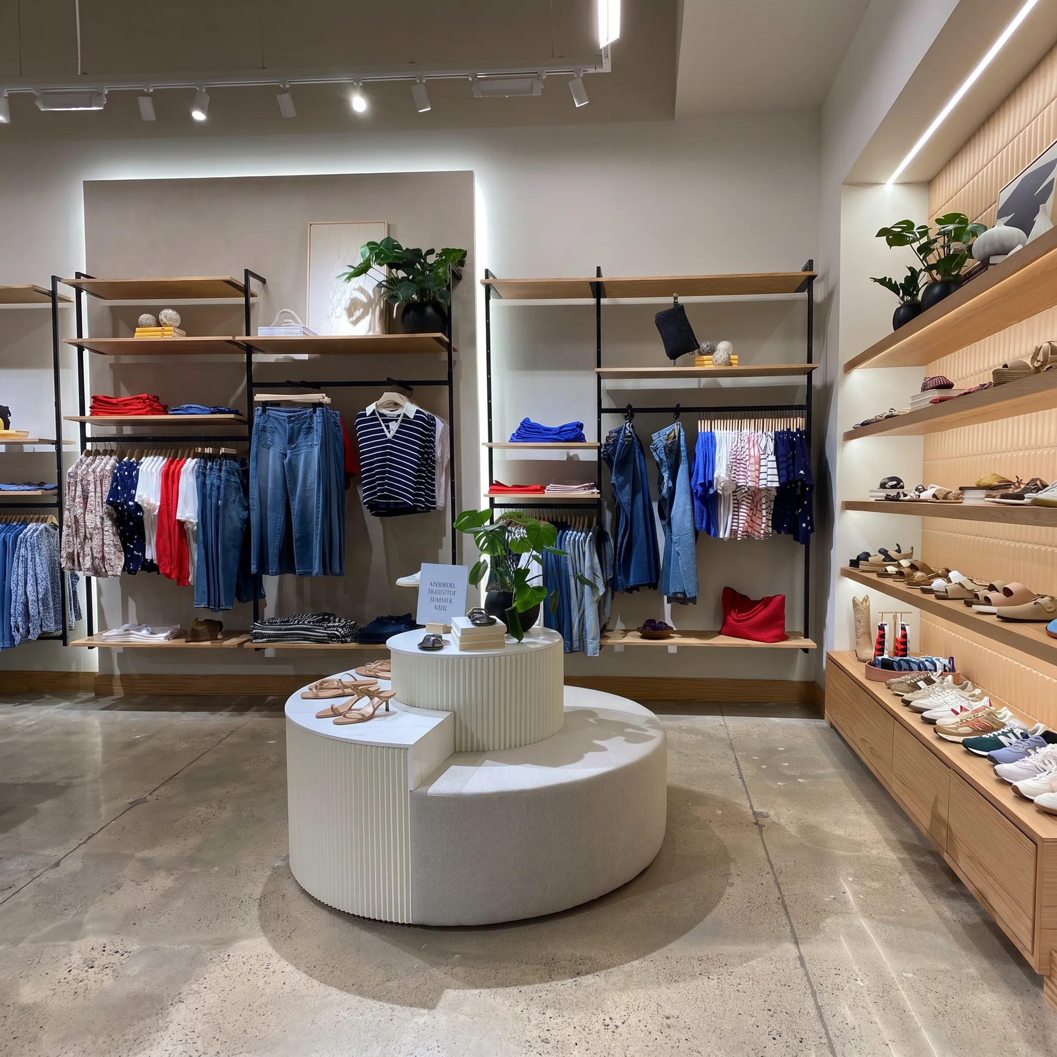 High-end custom wood retail fixtures and perimeter shelving display