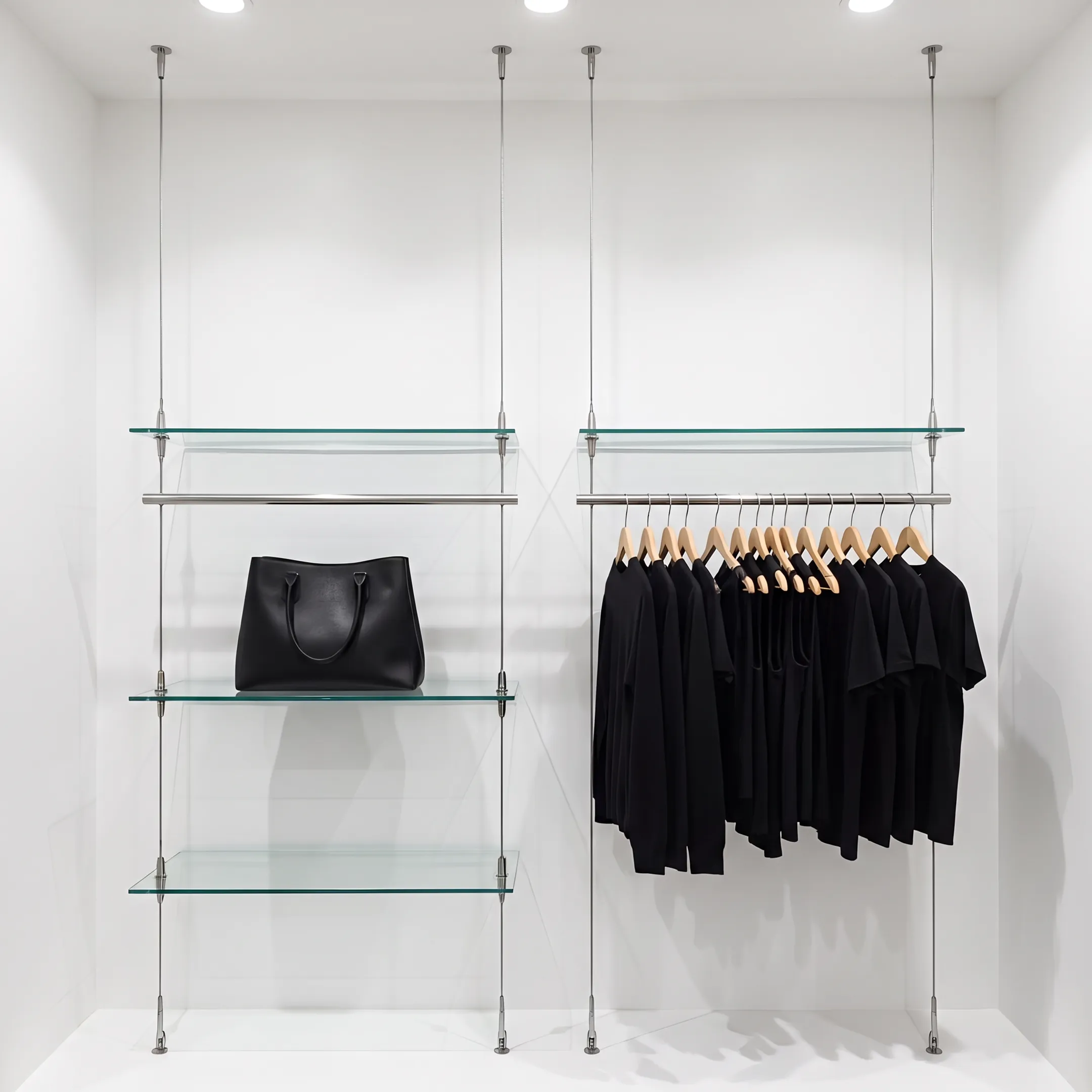 Modern cable suspended display shelves in a high-end retail interior