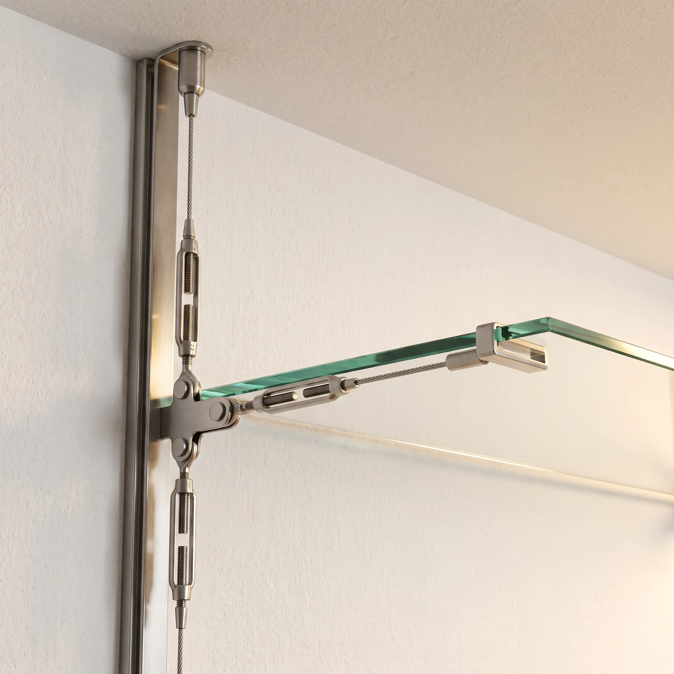 Detail view of precision cable suspension hardware and retail shelf mounting bracket