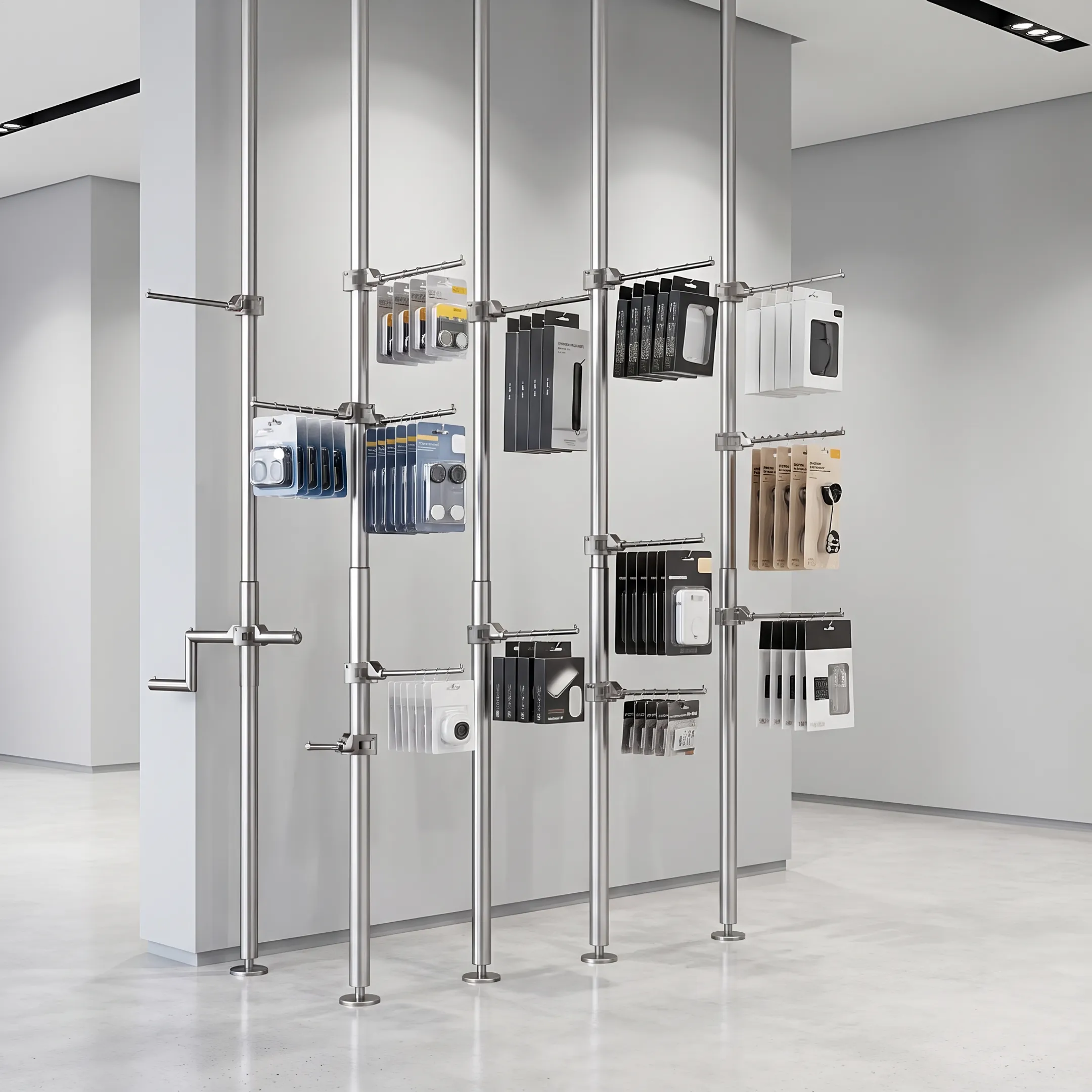 Commercial metal retail store display hooks mounted on a modern display wall