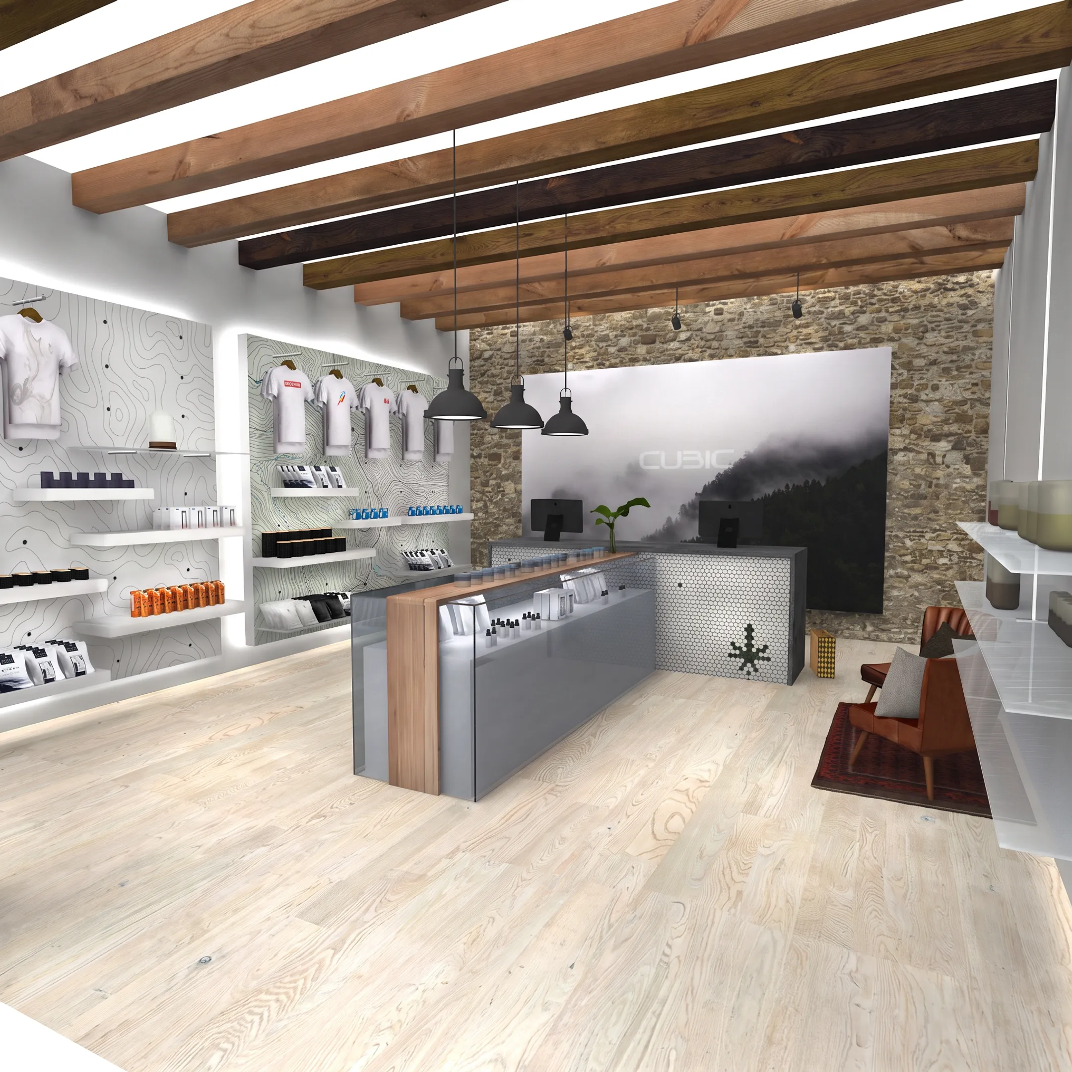 Custom architectural millwork and wood display fixtures in a modern commercial space