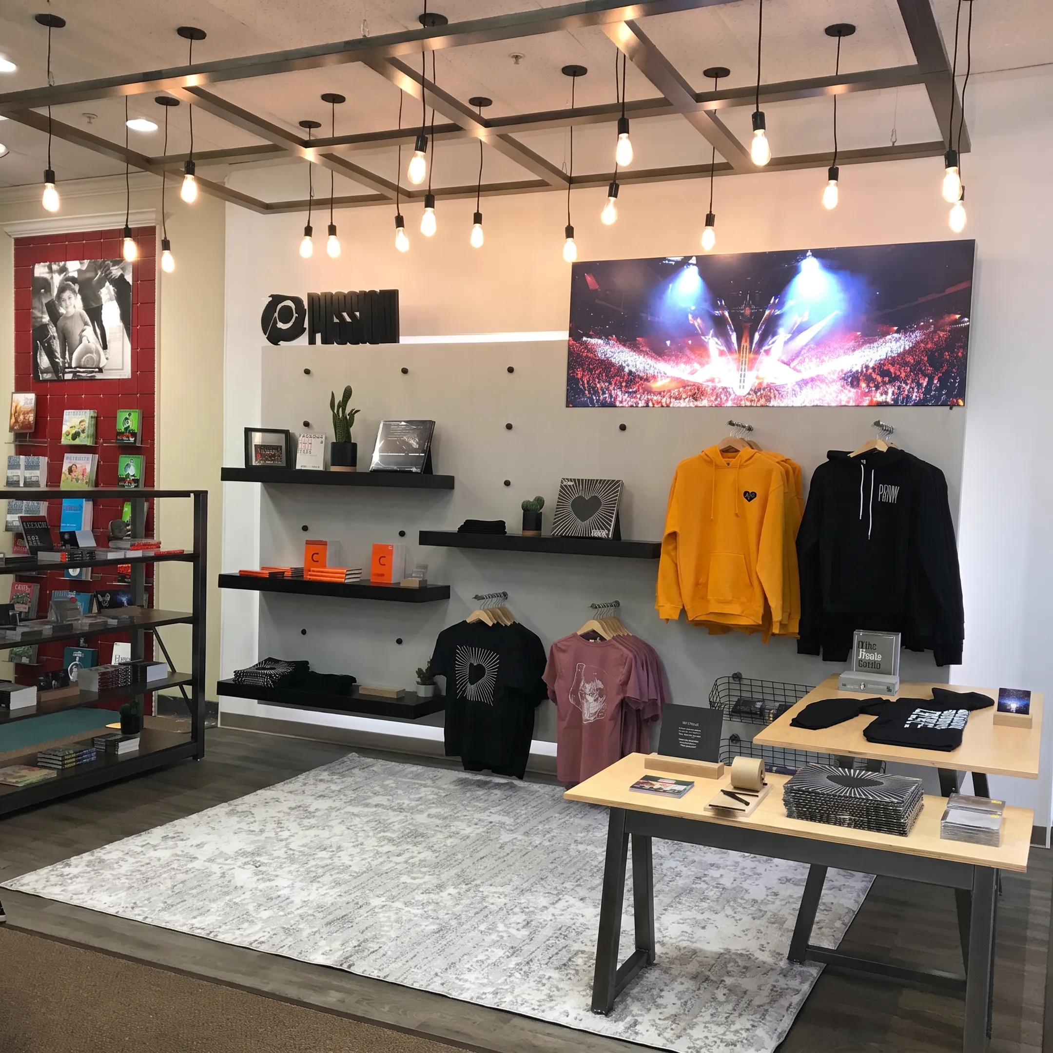 Retail display installation team assembling modular fixtures in a modern storefront