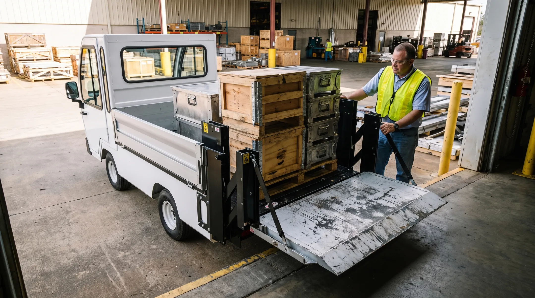 Utility truck liftgate lowering heavy load at loading dock