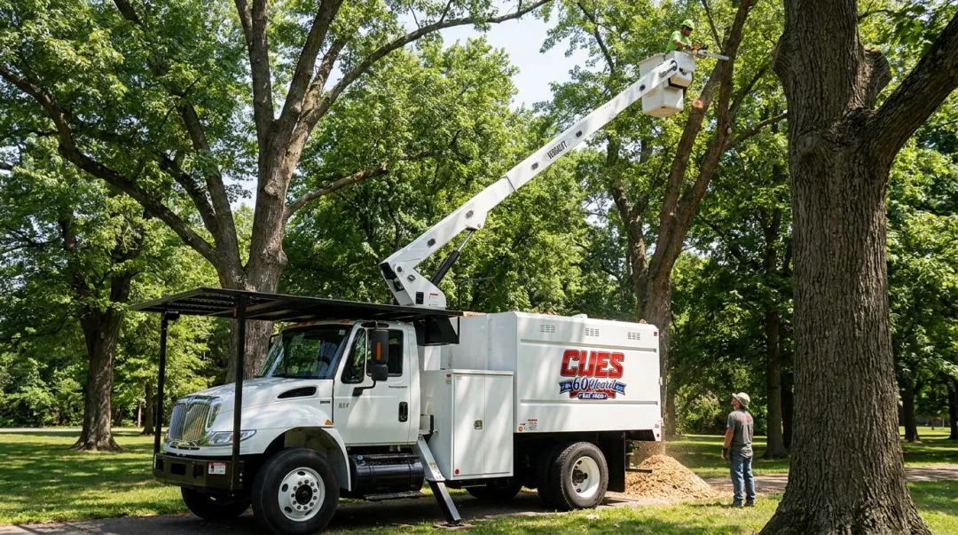 Versalift forestry bucket truck with integrated chip box deployed at tree service job site