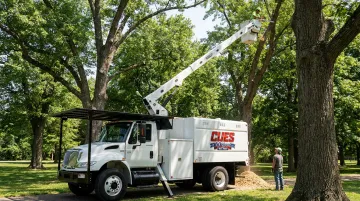 Versalift forestry bucket truck with integrated chip box deployed at tree service job site