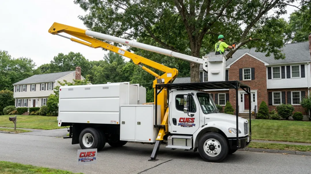 Arborist in bucket truck platform safely trimming large tree canopy near structures