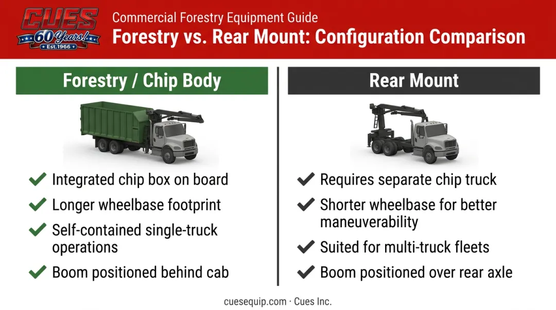 Forestry chip body versus rear mount bucket truck configuration side-by-side comparison chart
