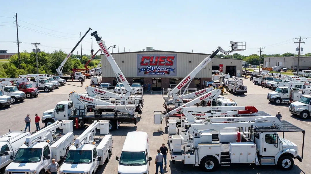 CUES Inc authorized dealer aerial device inventory showing Versalift and Elliott man lift trucks