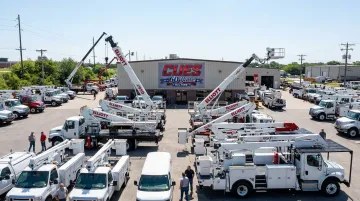 CUES Inc authorized dealer aerial device inventory showing Versalift and Elliott man lift trucks