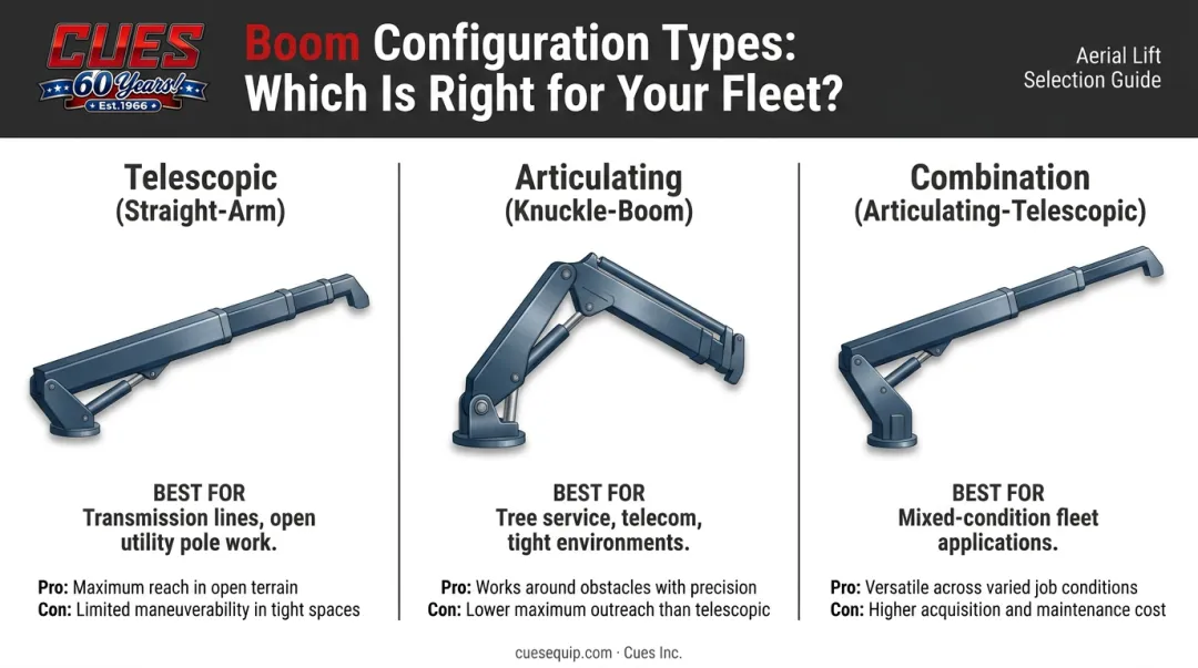 Three man lift truck boom configurations telescopic articulating and combination compared