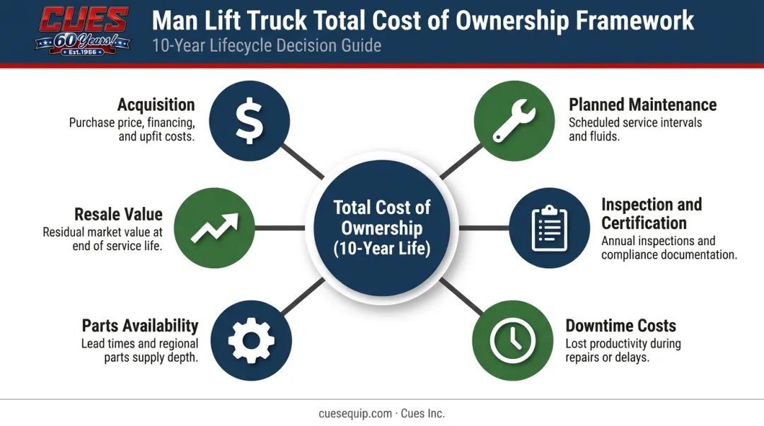 Man lift truck total cost of ownership six-component framework over ten-year service life