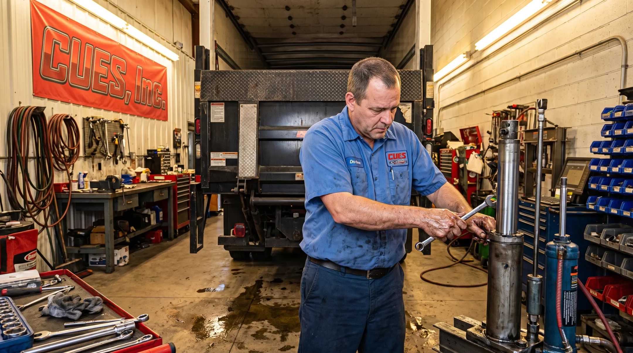 CUES Inc technician repairing hydraulic liftgate cylinder in service bay