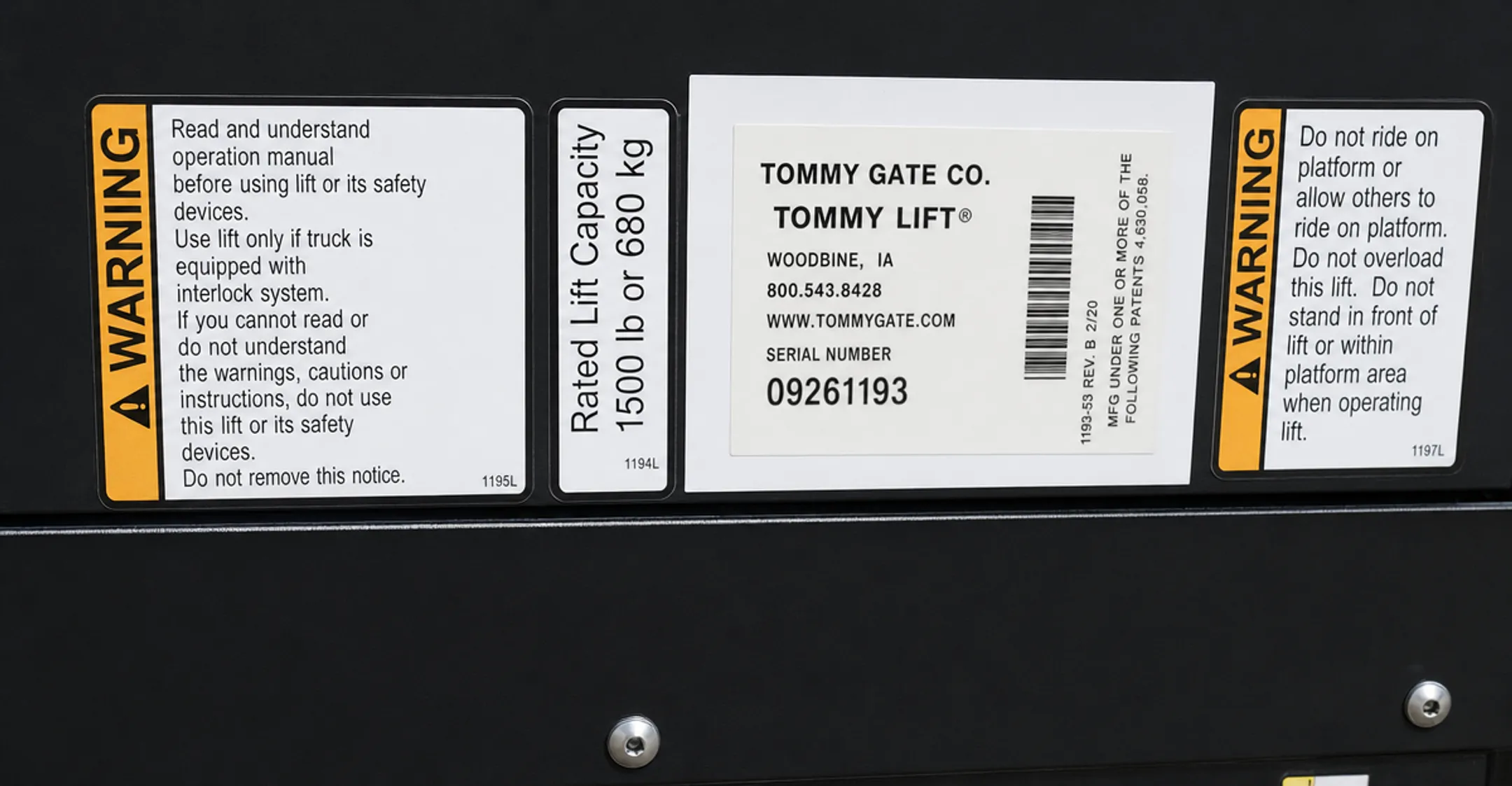 Truck liftgate rated capacity plate showing weight limit decal